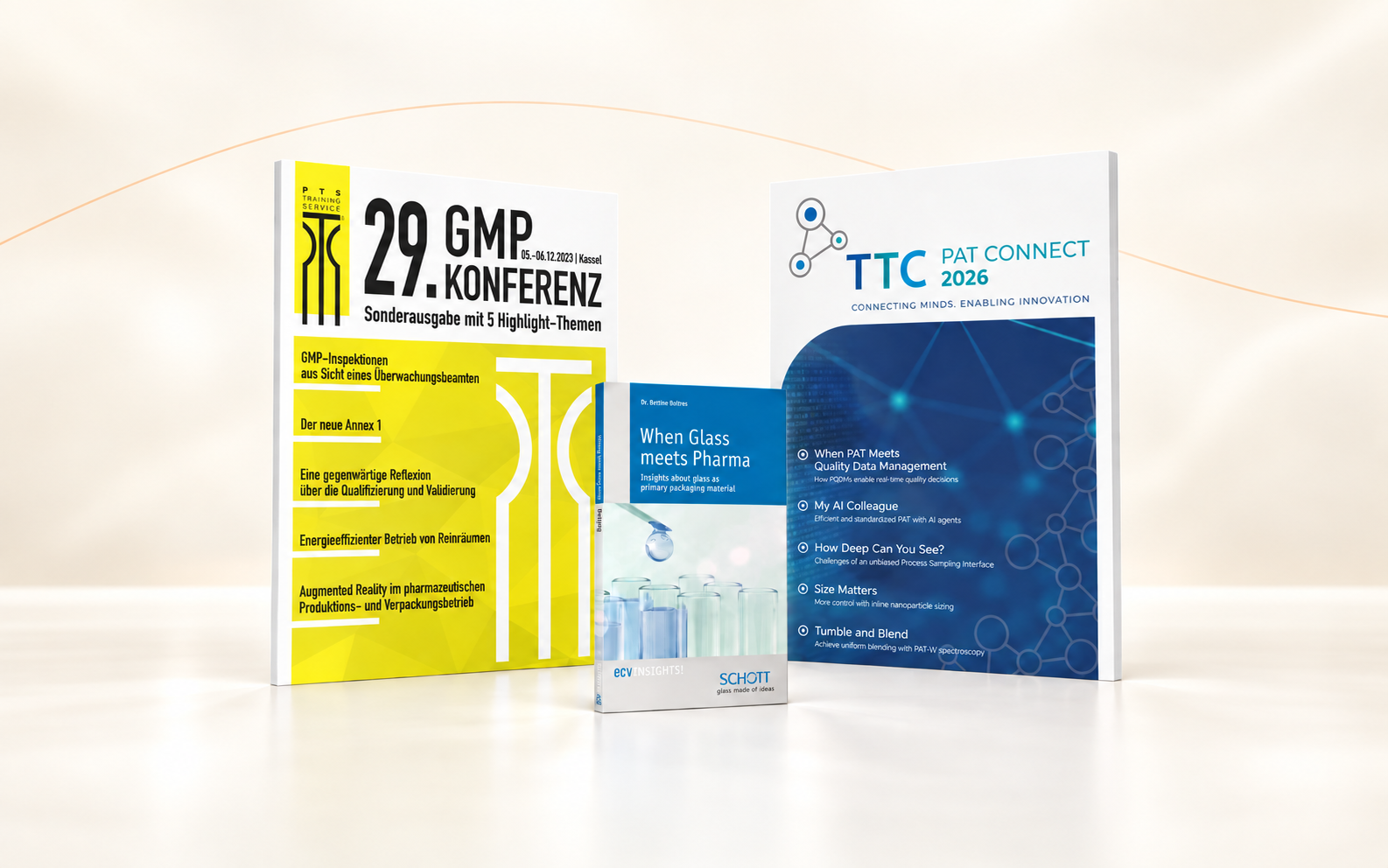 PTS/GMP special edition on the left, small ECV Insights book When Glass meets Pharma in front and PAT CONNECT on the right