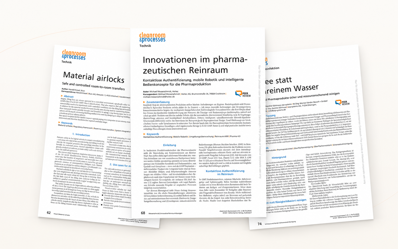 Example pages of published specialist articles from cleanroom & processes