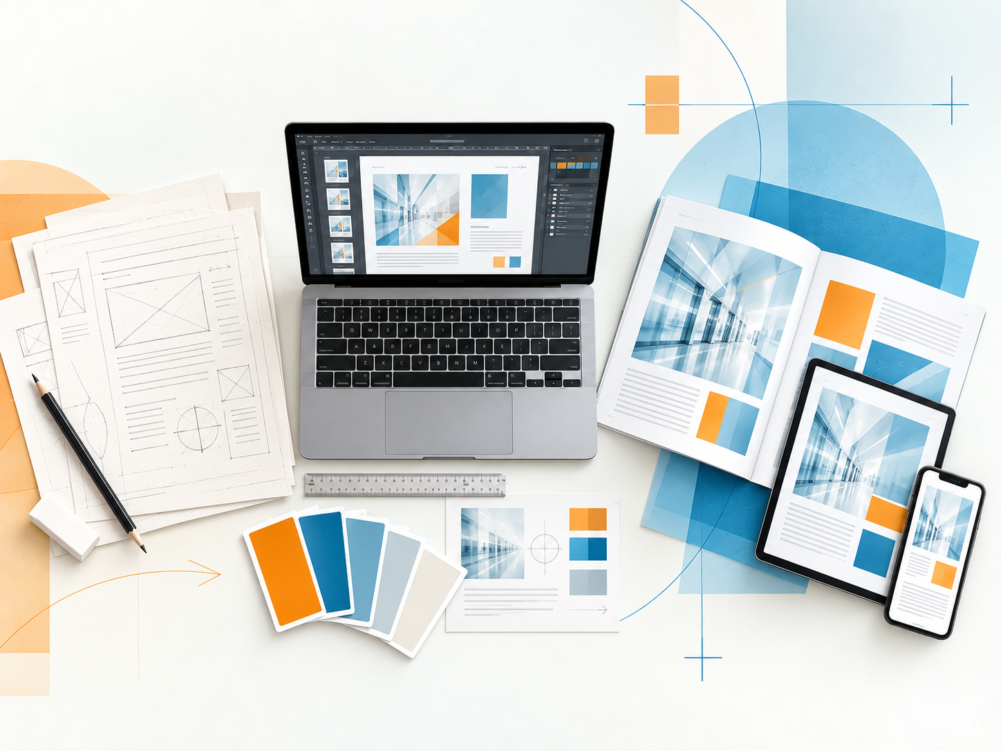 Design and media production workflow from initial layout sketches to print and digital media