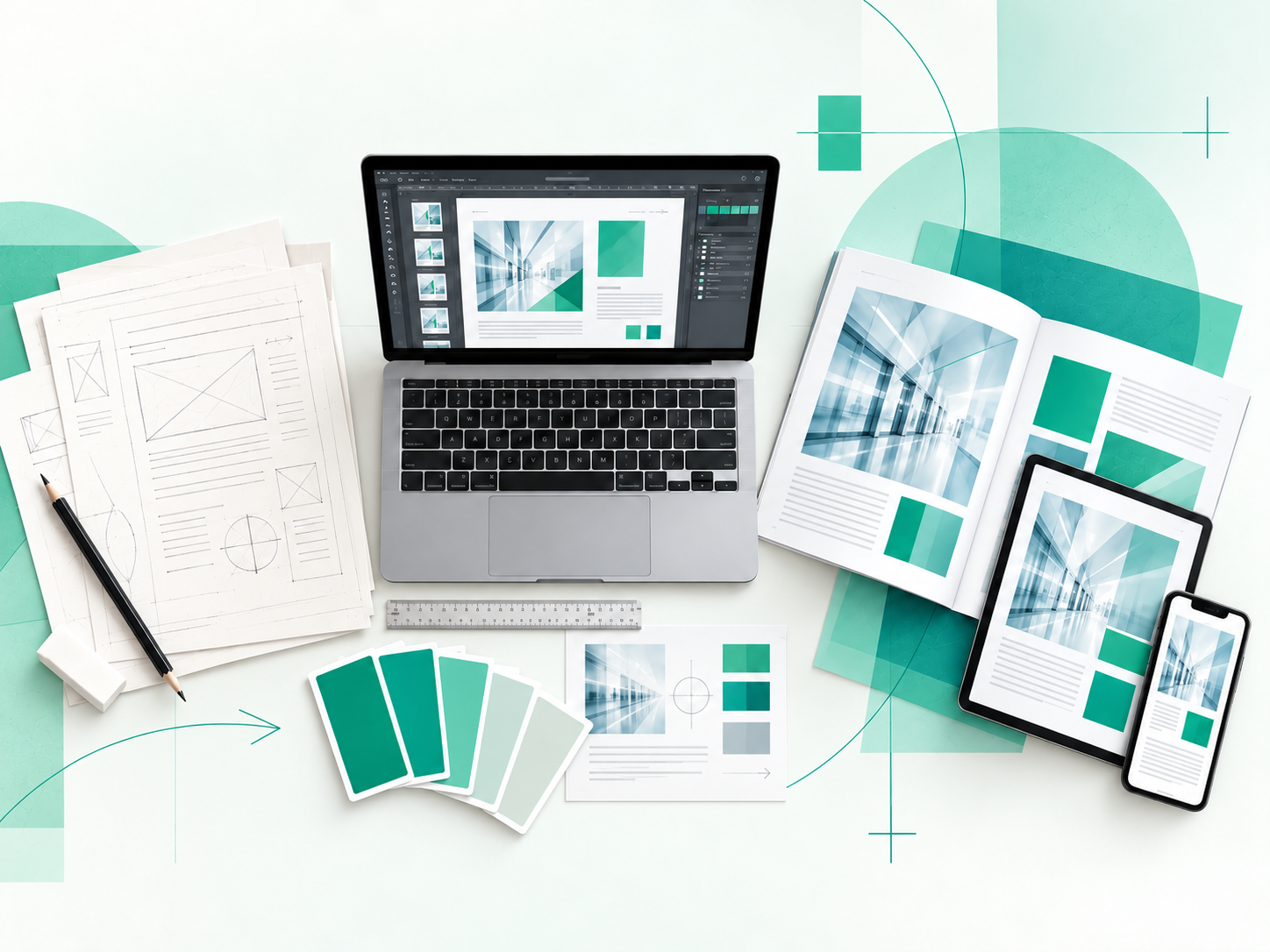 Design and media production workflow from initial layout sketches to print and digital media