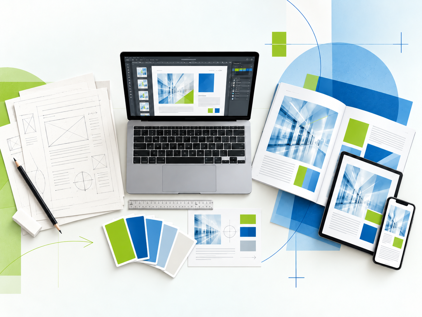 Design and media production workflow from initial layout sketches to print and digital media