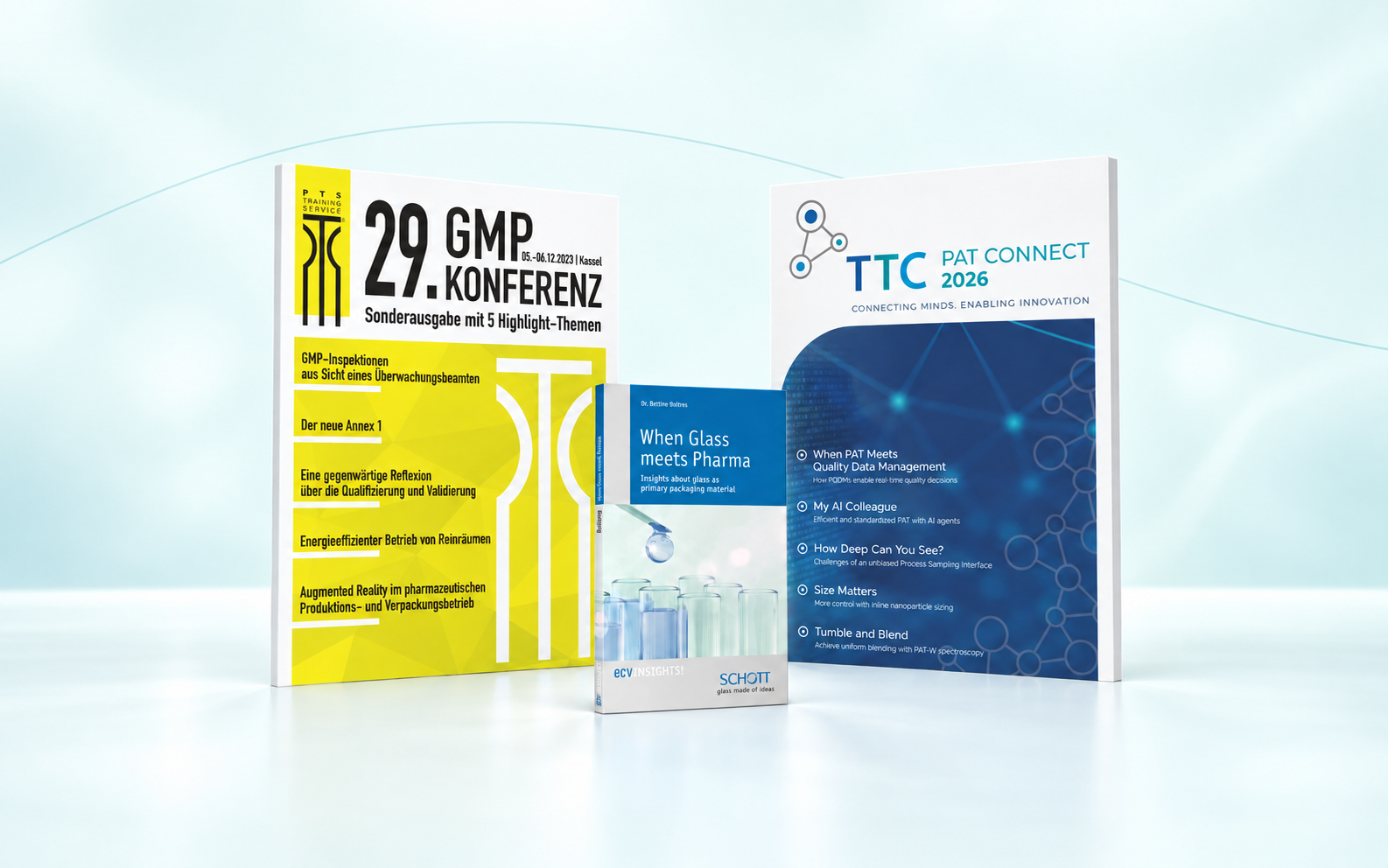 PTS/GMP special edition on the left, small ECV Insights book When Glass meets Pharma in front and PAT CONNECT on the right