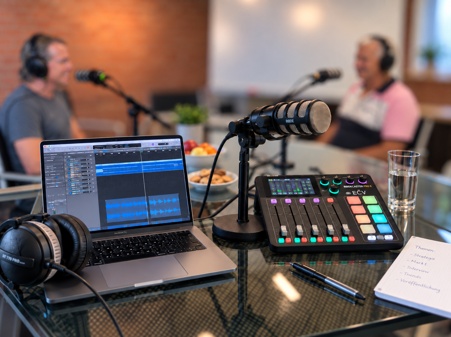 Podcast production with microphones, RØDECaster and audio editing