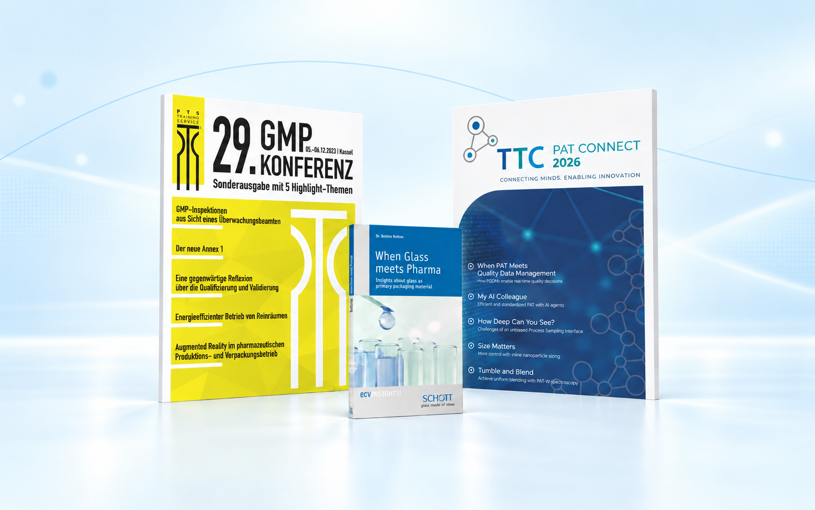 PTS/GMP special edition on the left, small ECV Insights book When Glass meets Pharma in front and PAT CONNECT on the right